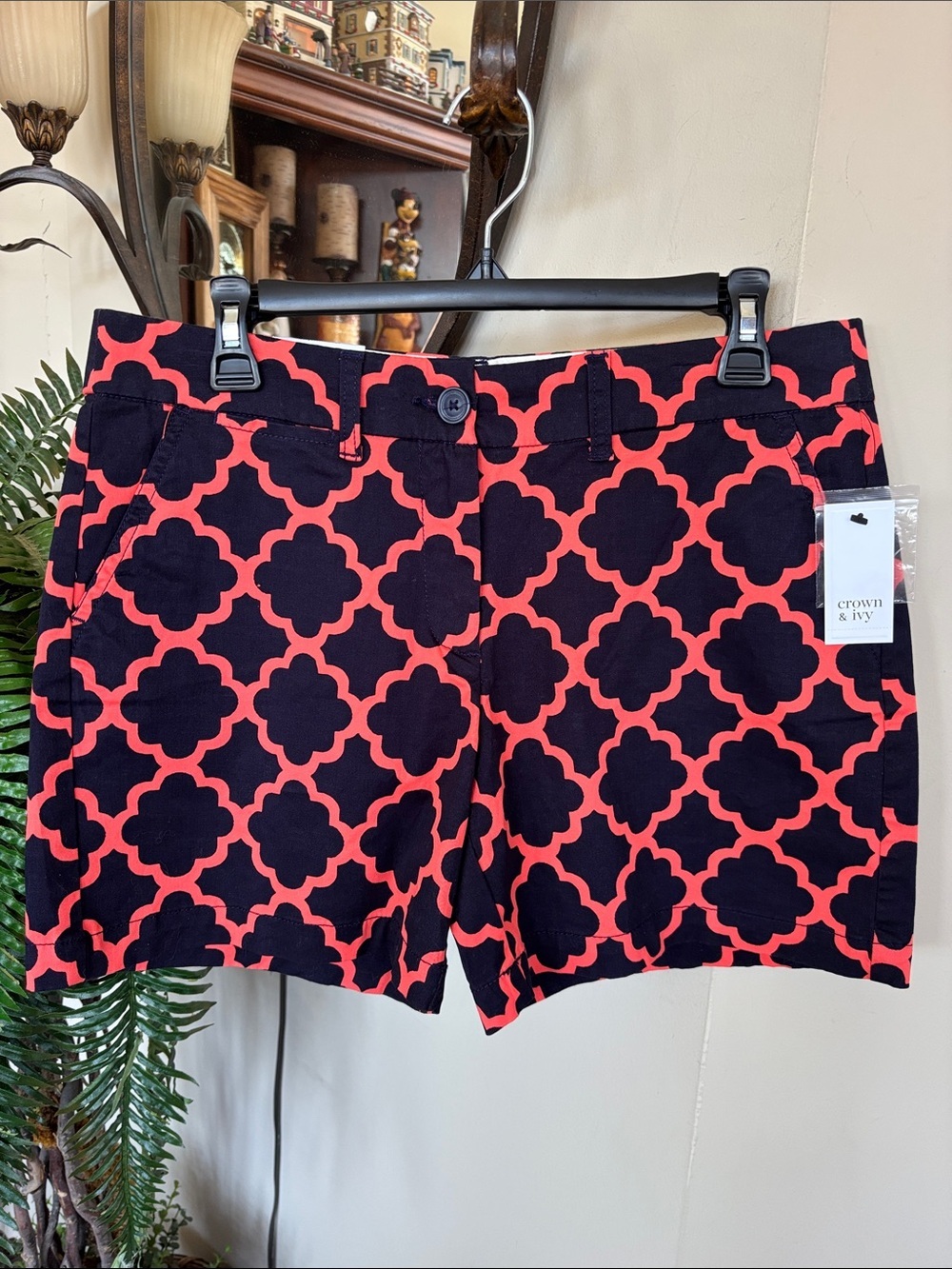 Brand New Crown & Ivy Chino Shorts Geometric Navy Blue & Coral Flat Front Casual